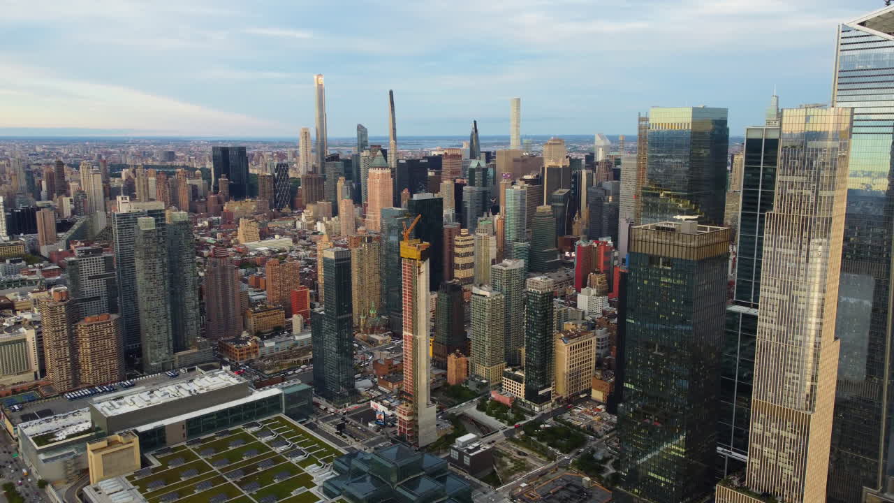 Aerial panorama in front of skyscrapers in Hudson Yards, fall sunset in NYC