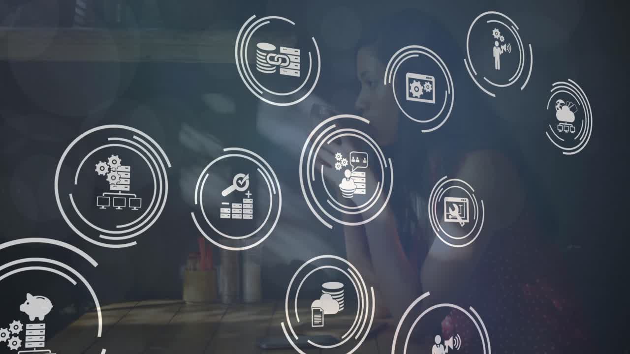 animación de iconos financieros cayendo sobre mujeres biraciales bebiendo café