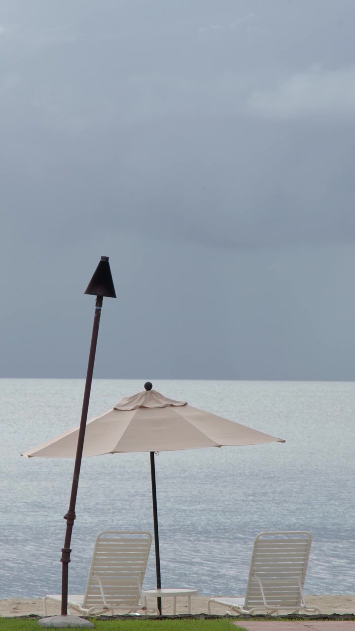 Inquadratura ampia statica di sedie a sdraio e un ombrellone su una spiaggia sabbiosa a Palau.