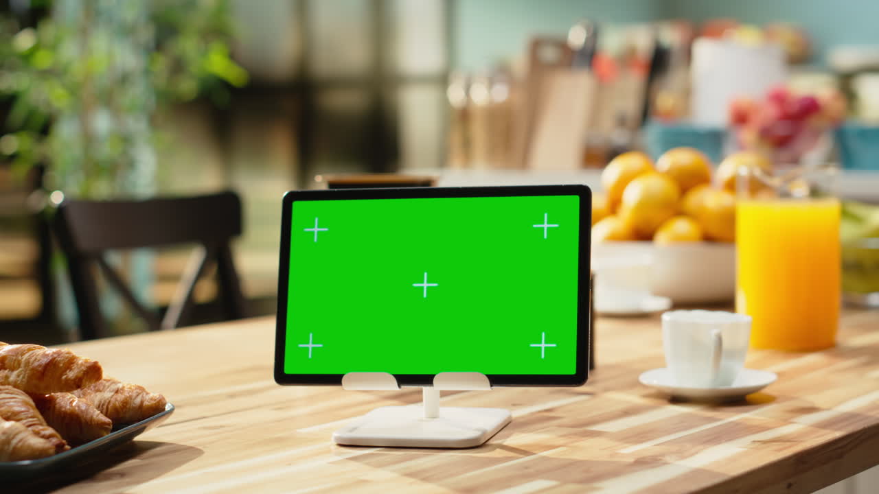 Tablet layar hijau, interior dapur yang nyaman, meja sarapan kosong dengan makanan