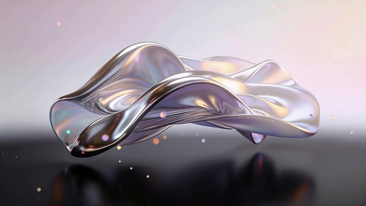 Soft lights pulsing iridescent ribbon morphing and rotating above dark floor, showing color shifts