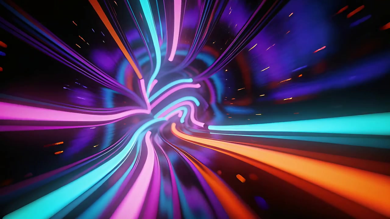 Avvio della telecamera, tunnel al neon che si dispiega nel vuoto, creando profondità, emettendo scintille ciano, magenta e arancioni