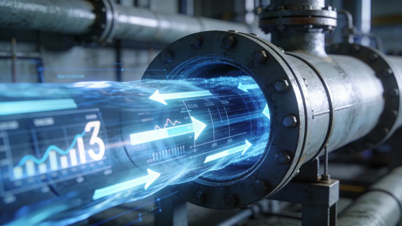 Vertical video: Plant pipe showing holo charts entering left and moving through flange for control