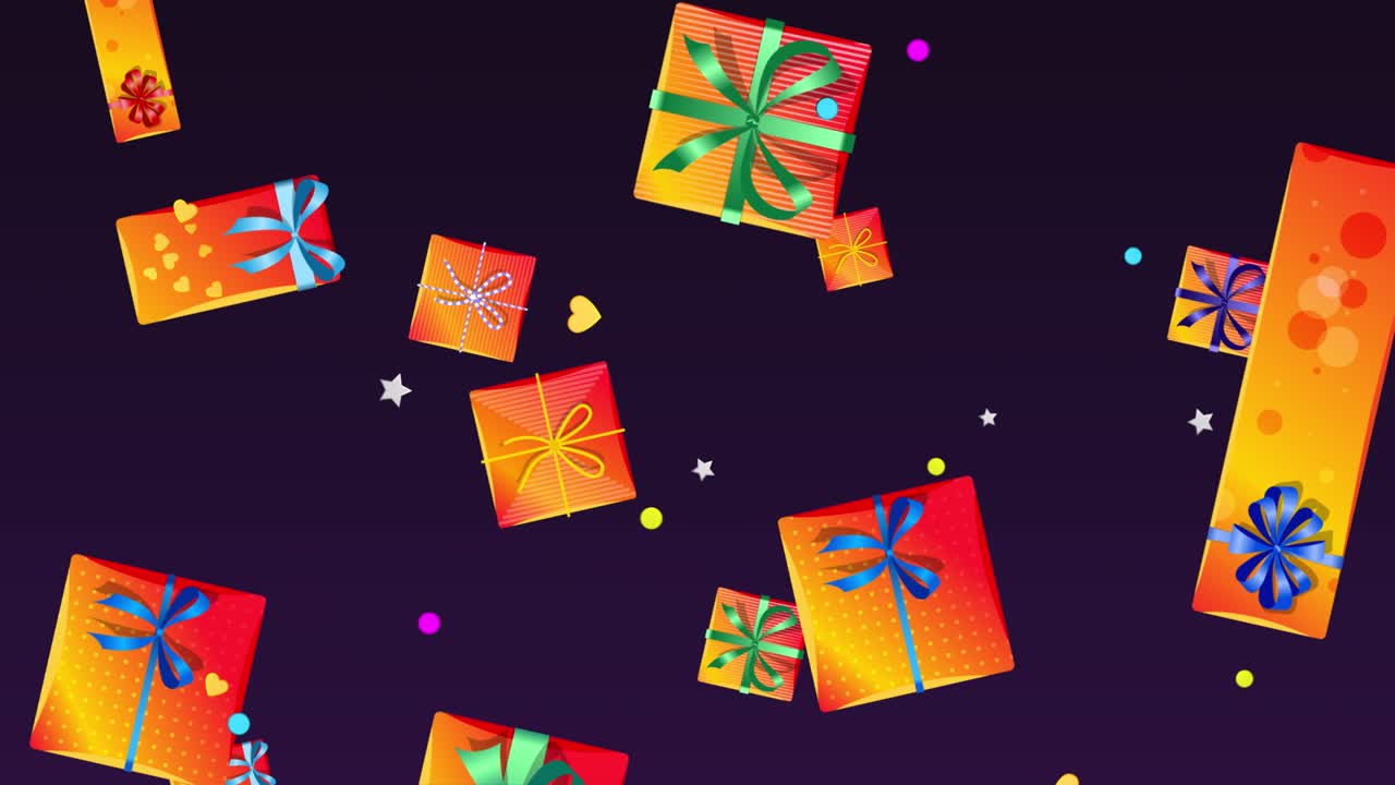 Festive colorful Animation of gift boxes with bows and ribbons falling down. Christmas presents, confetti. Concept for sales. Happy birthday or Valentine day. 4k looped footage