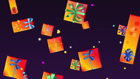 festive colorful animation of gift boxes with bows and ribbons falling down. christmas presents, confetti. concept for sales. happy birthday or valentine day. 4k looped footage