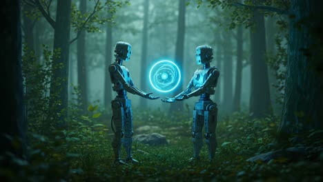 in a mystical forest, two robots engage in a profound exchange, conveying knowledge through a glowing orb, while the tranquil nature surrounds them with serenity