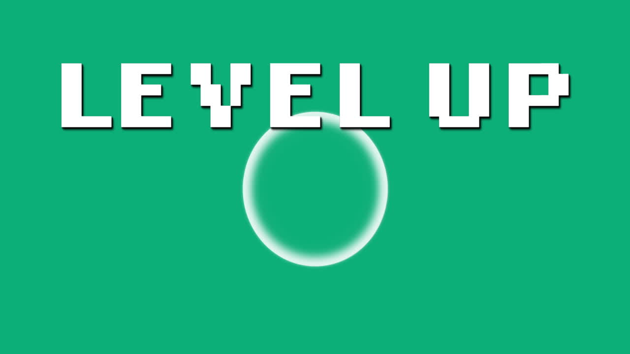 Animation of level up text over circle on green background