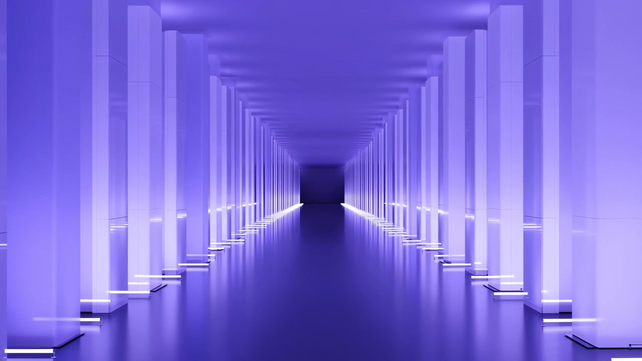 Un corridoio elegante e simmetrico con illuminazione viola brillante, colonne bianche lungo entrambi i lati e un pavimento riflettente che conduce verso un punto di fuga scuro in the