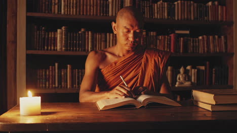 monk studying in a library