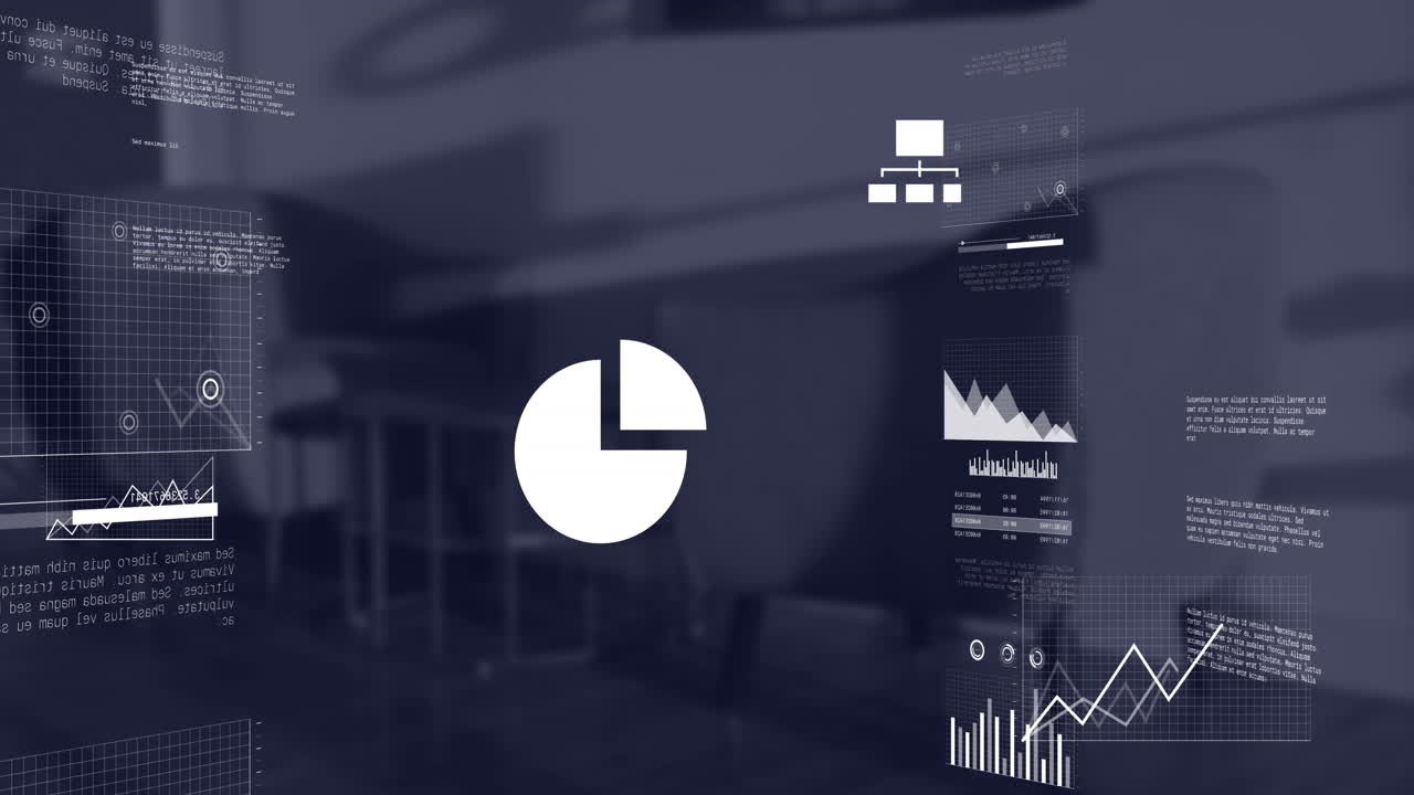 Animation of screens with statistical data processing against empty office