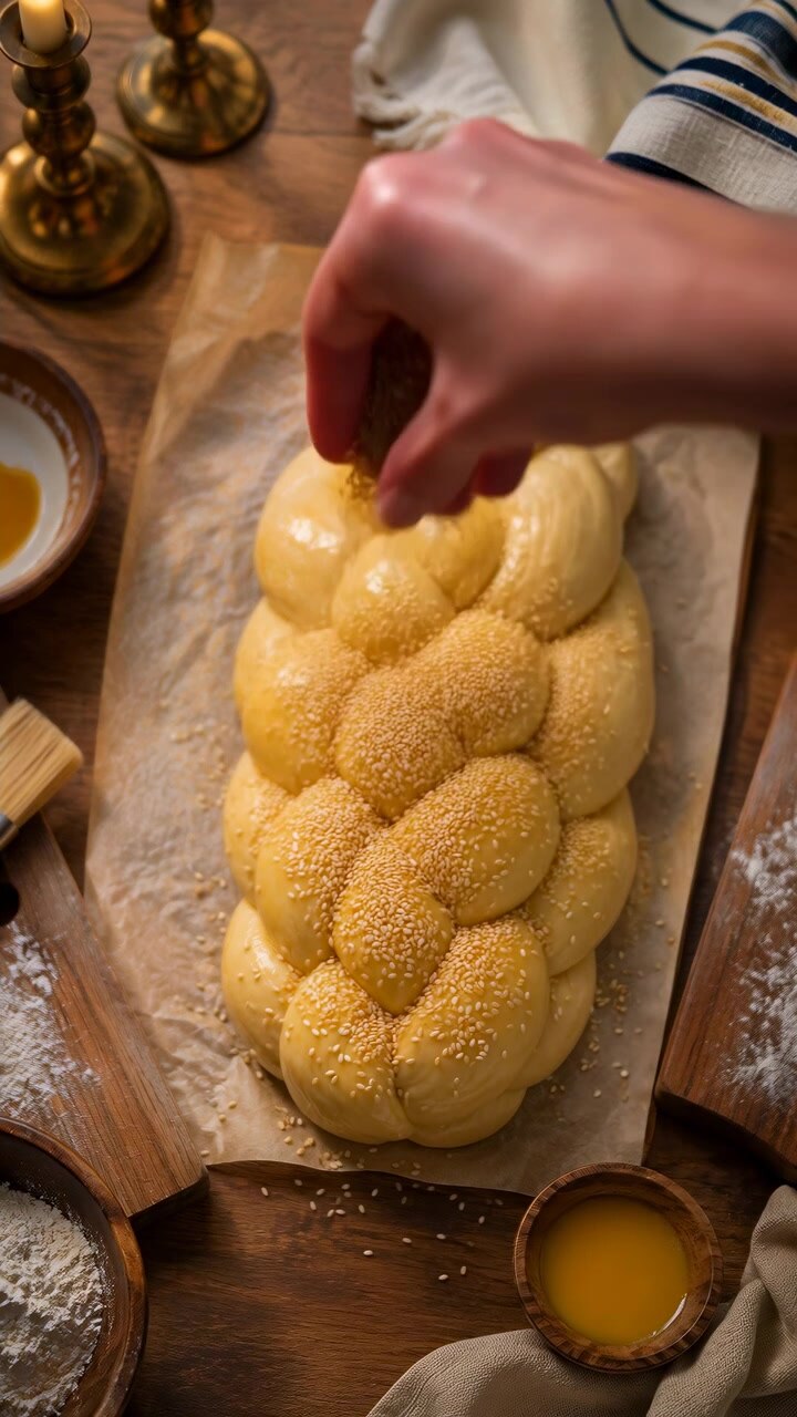 Close overhead view follows fingers scattering pale seeds from lower braid toward upper sections, coating smooth golden dough while bowls, flour, brush, cloth, and candleholders frame the workspace.