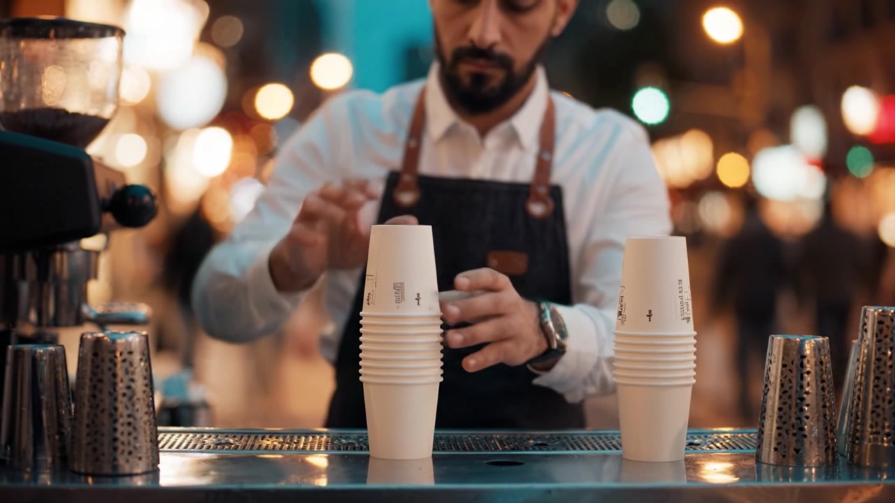 Barista che prepara tazze di caffè in un vivace ambiente urbano, catturando l'essenza dell'artigianalità e l'arte della preparazione del caffè di notte.