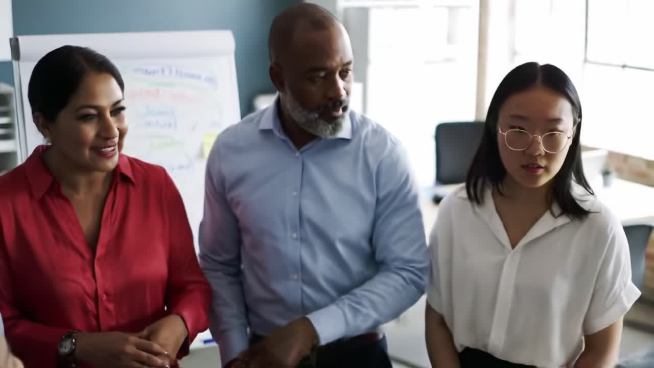 Engaging Discussion Among Colleagues in an Office Setting as They Collaborate on Innovative Solutions and Strategies for Business Growth