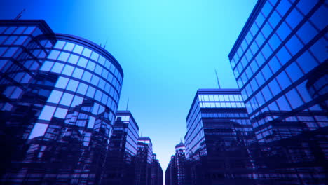 Infinite-skyscrapers-flight-through-animation-from-bird’s-eye-view.-The-business-and-offices-district-with-many-tall-modern-buildings.-Windows-reflect-the-cloudless-navy-blue-sky.-Loopable.-HD