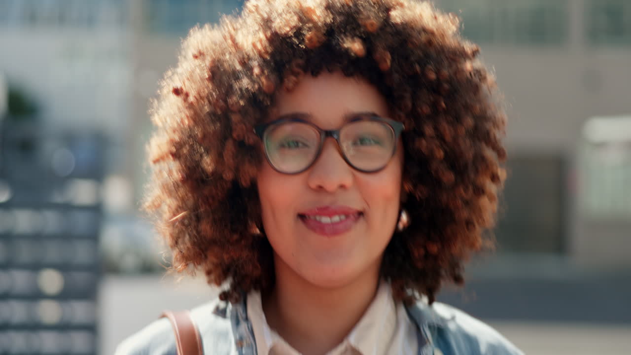 Business woman, city and face walking