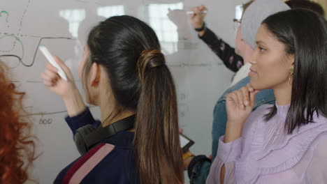 diverse business team working together on financial project brainstorming ideas planning successful market strategy students using whiteboard collaborating in office workplace close up