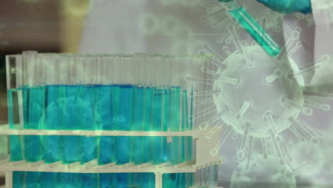 animación de células de virus sobre científica caucásica que trabaja en el laboratorio