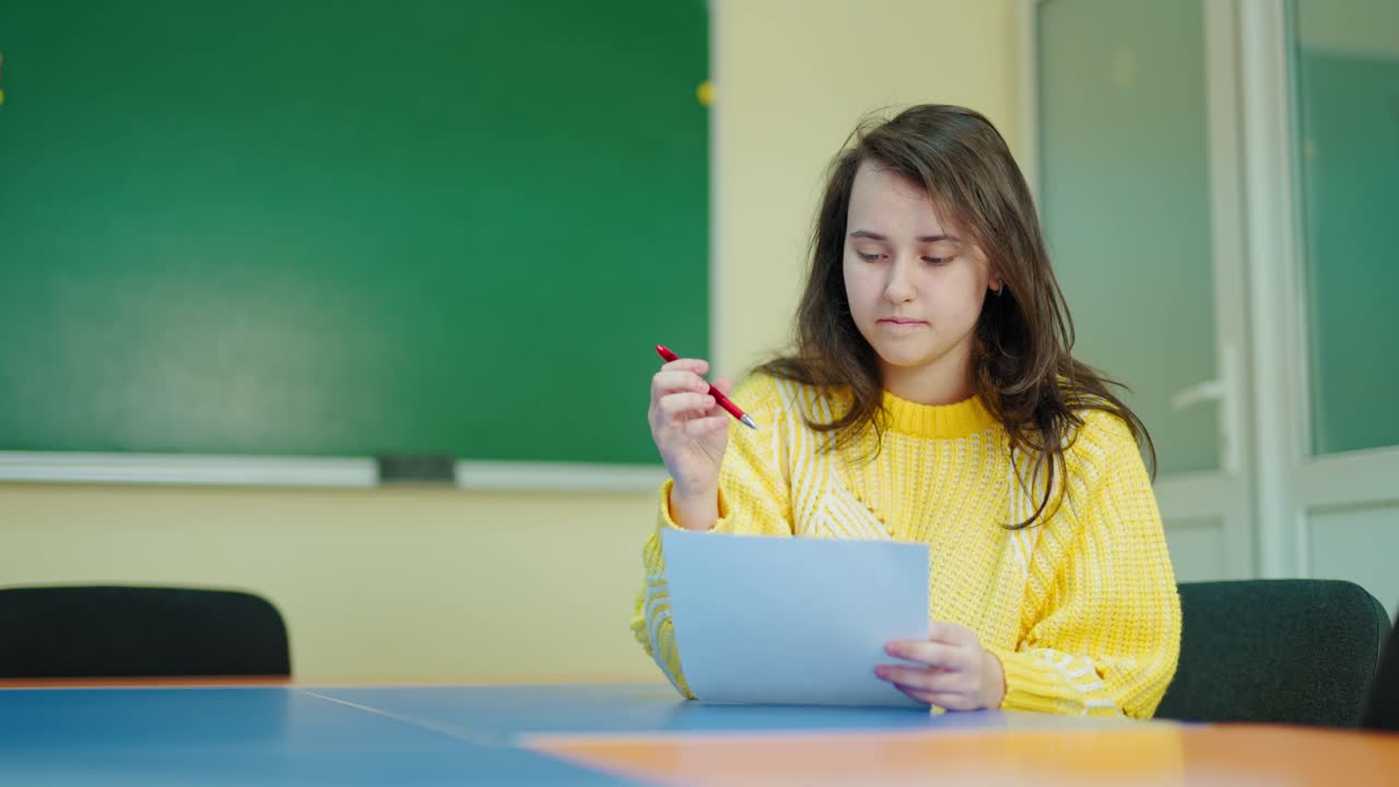 Beautiful schoolgirl in the classroom. Teen student is sitting alone in the classroom and studying on the school blackboard background. Education concept.
