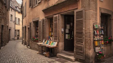 charming bookstore at dusk: a quaint scene of a cozy bookshop nestled between cobblestone streets evoking nostalgia and literary delight in a picturesque setting