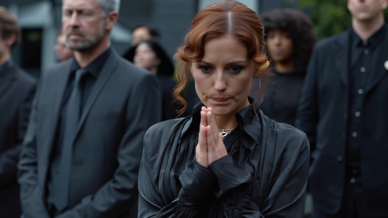 People stand solemnly in a funeral procession. Woman clasps her hands, her face reflecting sorrow. Men and women wear black attire, eyes lowered in mourning. This scene captures grief