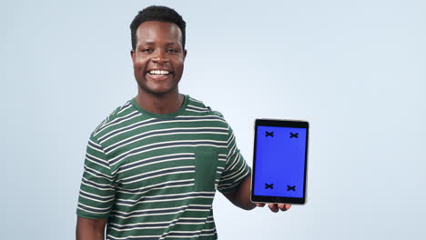 tablet, screen and happy black man point at social