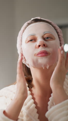 una mujer con máscara facial admira la piel en el espejo. una mujer morena con túnica se relaja haciendo tratamientos de belleza usando máscaras faciales en una ducha ligera en cámara lenta