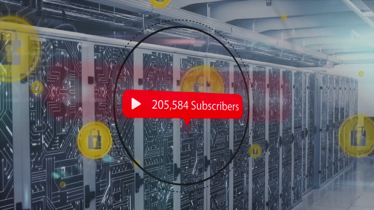 animación del procesamiento de datos informáticos e íconos a través de servidores informáticos.