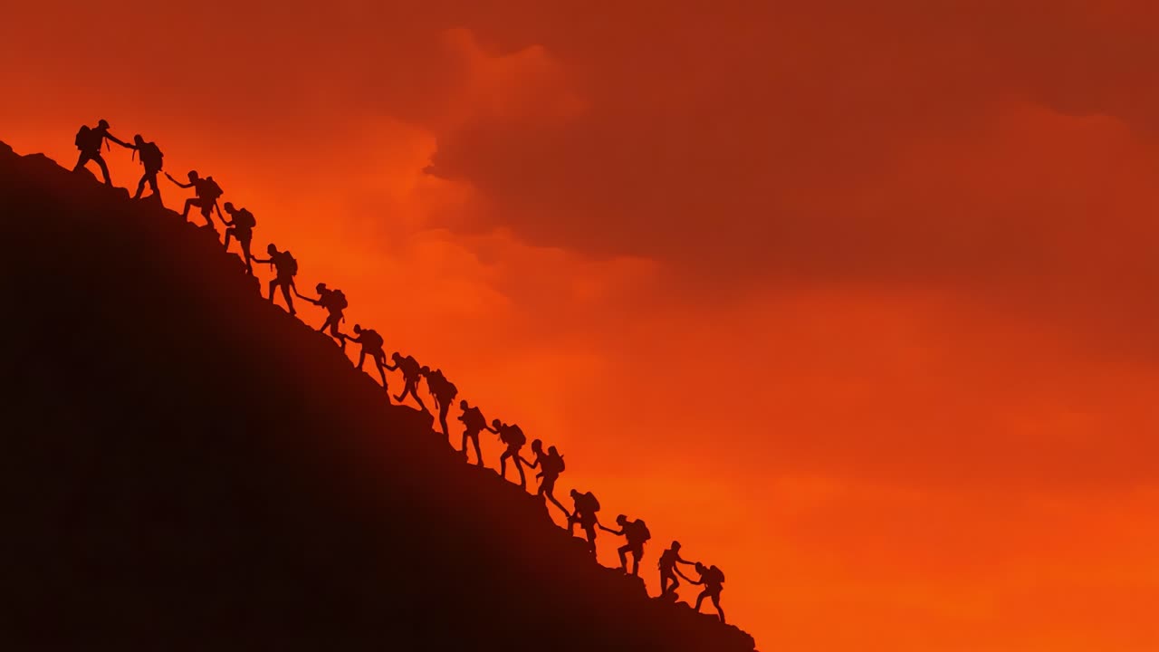 Silhouettes of Determined Hikers Ascending a Mountain Trail Against a Dramatic Sunset Sky with Vibrant Orange and Yellow Hues, Capturing the Spirit of Adventure and Perseverance