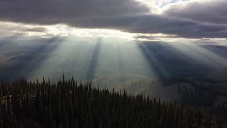 dramatic sunbeams piercing clouds over a mountain forest
