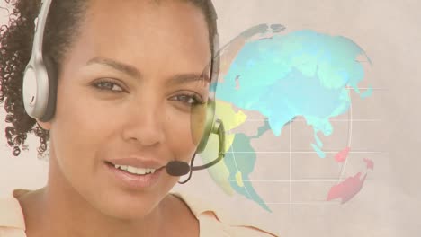 Animation-of-financial-data-processing-and-globe-over-businesswoman-wearing-headset