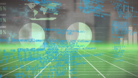 animación del procesamiento de datos sobre una cuadrícula verde sobre un fondo oscuro.