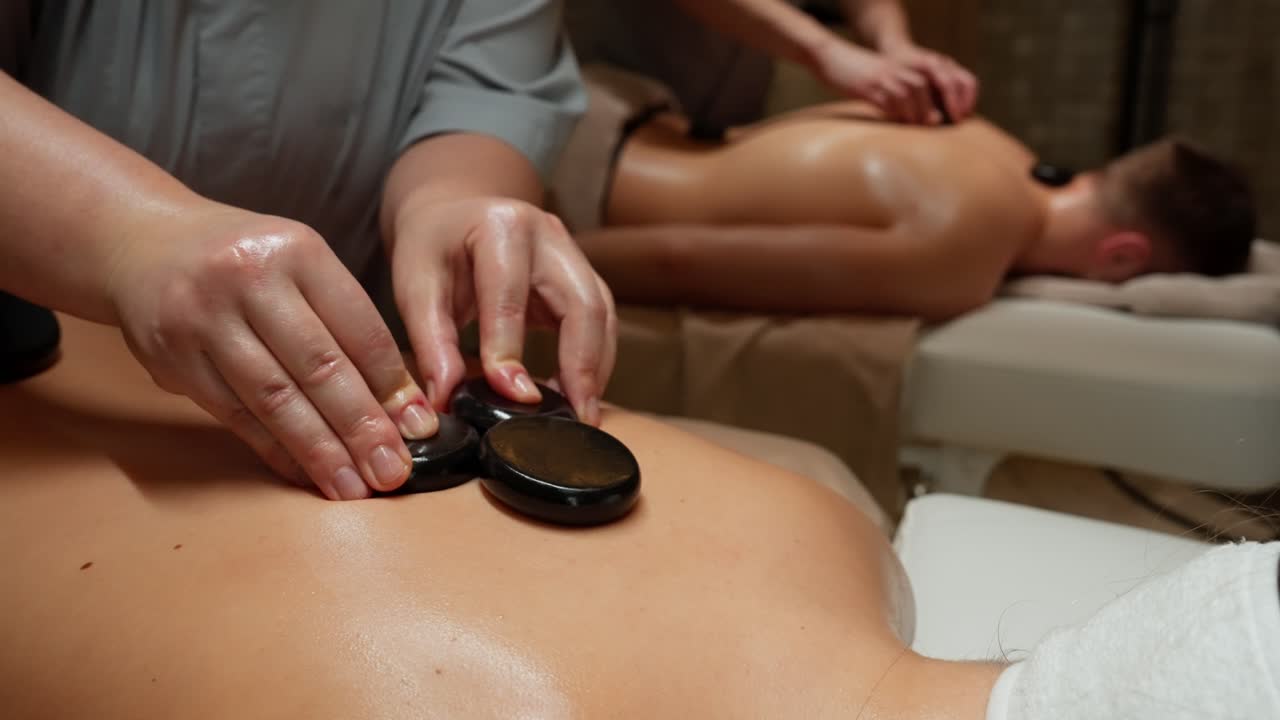 Professionel massør udfører hot stone massage på kundens ryg