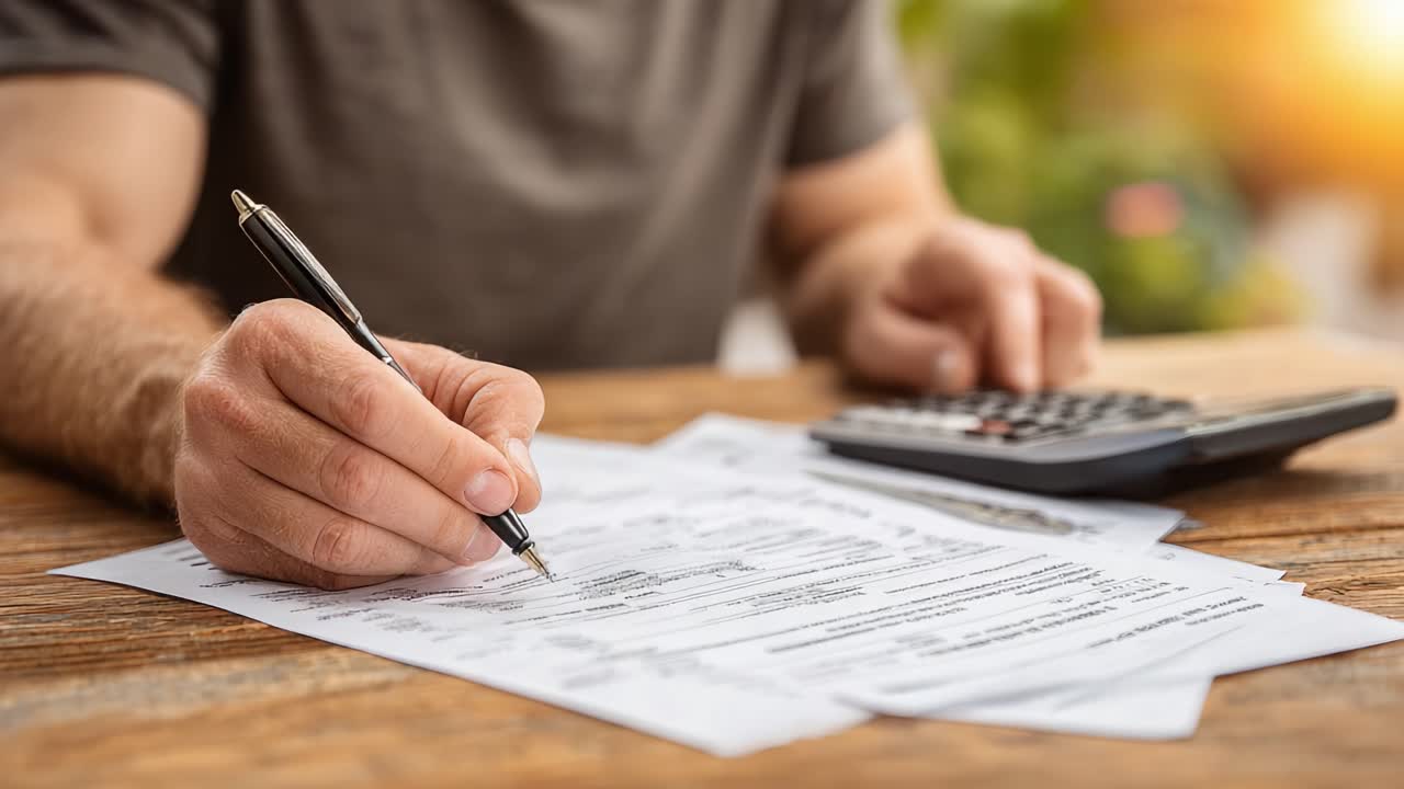 Una persona concentrata impegnata in calcoli e scartoffie, che utilizza una penna e una calcolatrice per attività finanziarie o amministrative in un ambiente naturale.
