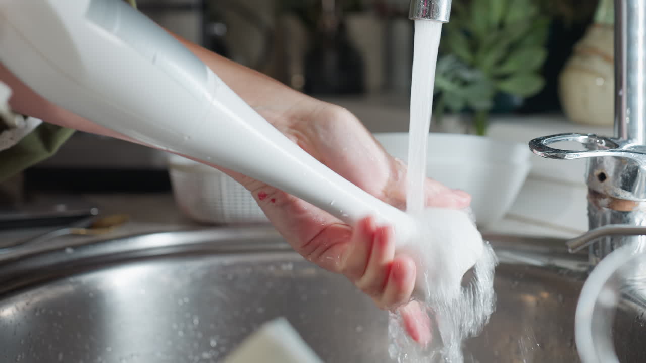 Thorough washing of electric hand blender under running tap water by cook with visible traces of red berry on fingers while carefully rotating tool head to ensure proper cleaning