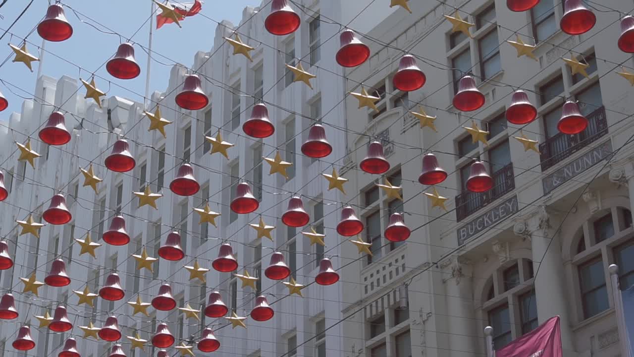 Public Christmas Decoration in the sky of Melbourne in daylight with red bells and yellow stars