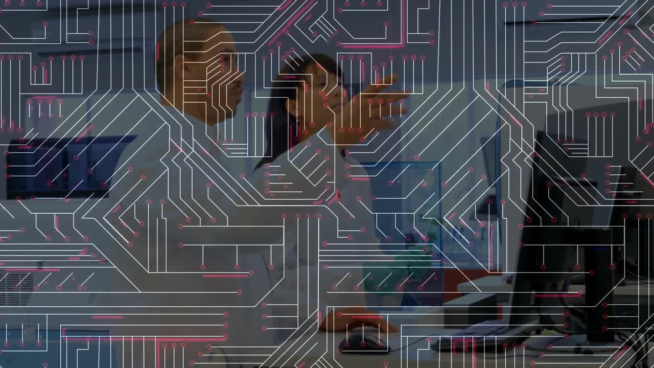 Tech overlay fading revealing woman typing, man shaking hands for meeting before overlay returning