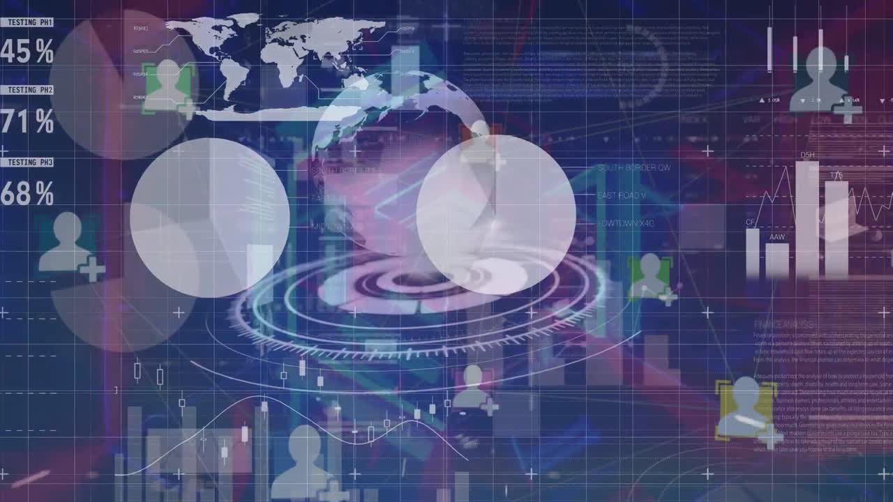 데이터 처리의 애니메이션과 파란색 배경의 지구