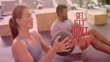 animation of get fit don''t quit text over diverse man and woman exercising in gym