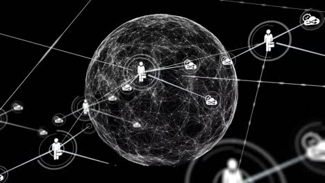 animation of network of digital icons over spinning globe against black background