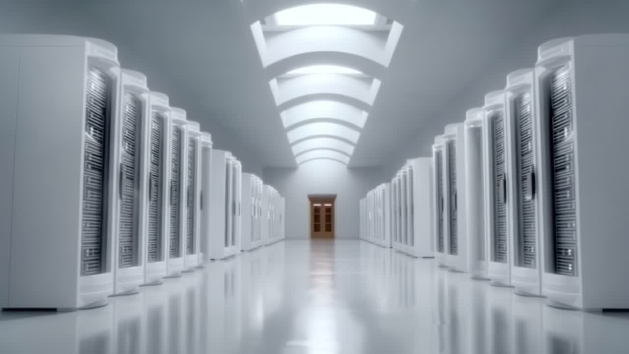 A Futuristic Data Center with Symmetrical Rows of Server Racks in a Bright, Minimalist Environment, Showcasing Modern Technology and Design