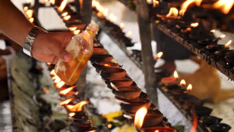 closeup 4k video of worshipper pouring sacred oil in burning lamp at altar of buddhist temple