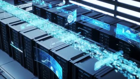 futuristic data stream displaying complex information flow in a high-tech server environment with advanced visualization technology