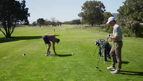 caucasian male golfers standing on a golf course on a sunny day