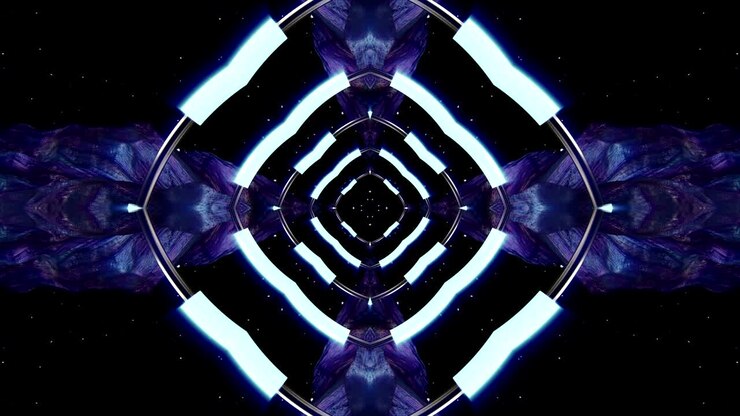 Looped Abstract neon ornate decorative background. 3D Kaleidoscope or mandala.