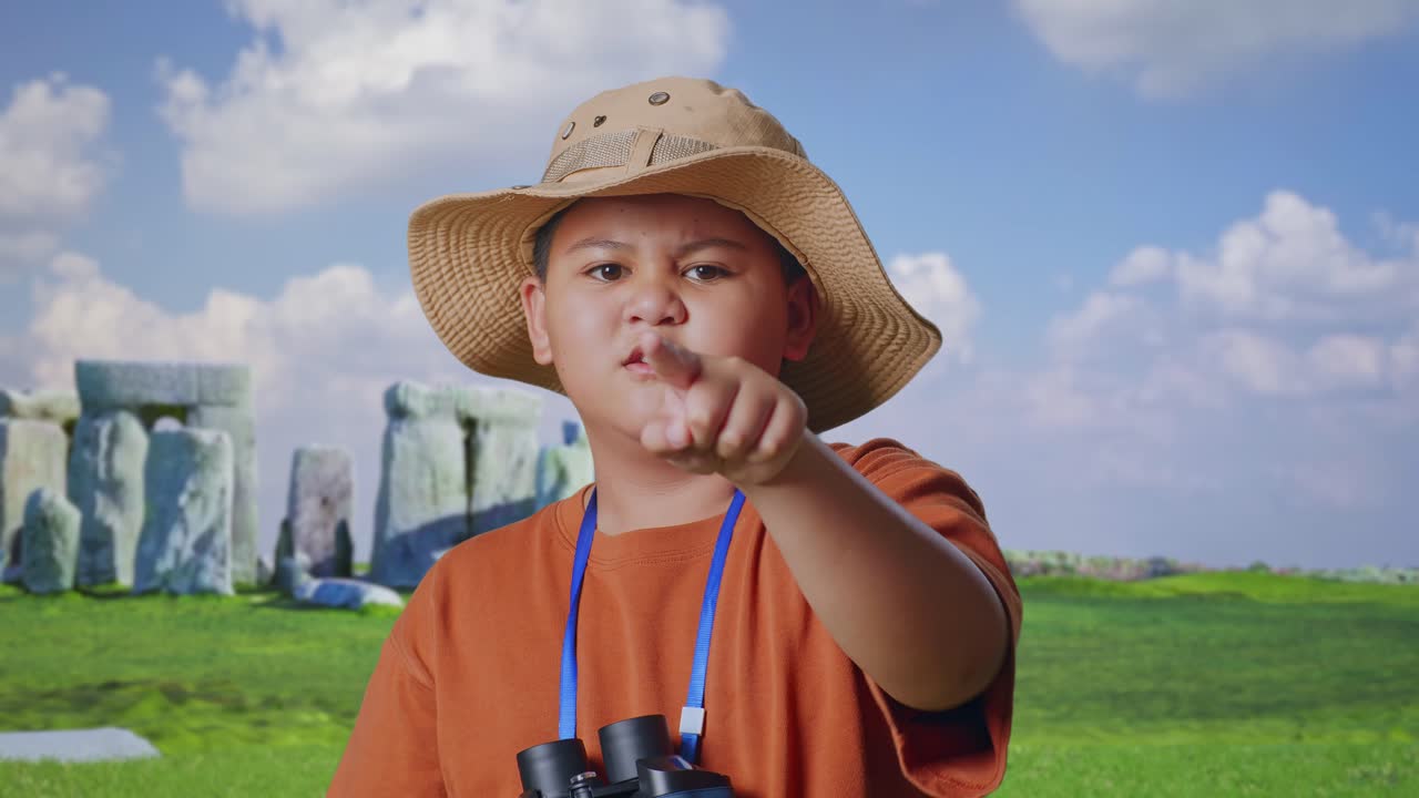 Asian Boy With A Hat And Binoculars Pointing His Finger Towards You And Furiously Speaking Against Blaming You While Traveling In Stonehenge. Boy Researcher, Travel Adventure, Close Up