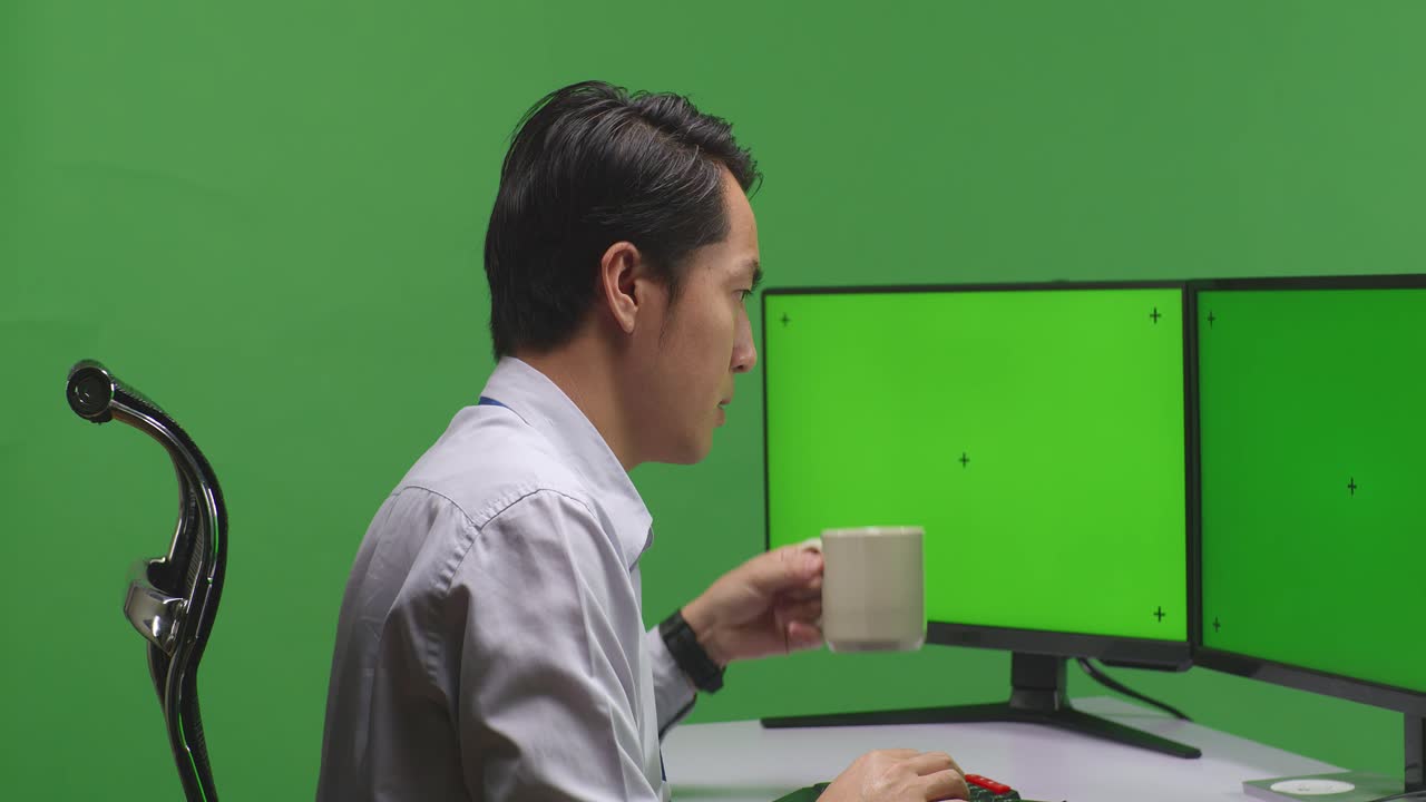 컴퓨터 에서 일 하는 동안 커피 를 마시는 사람