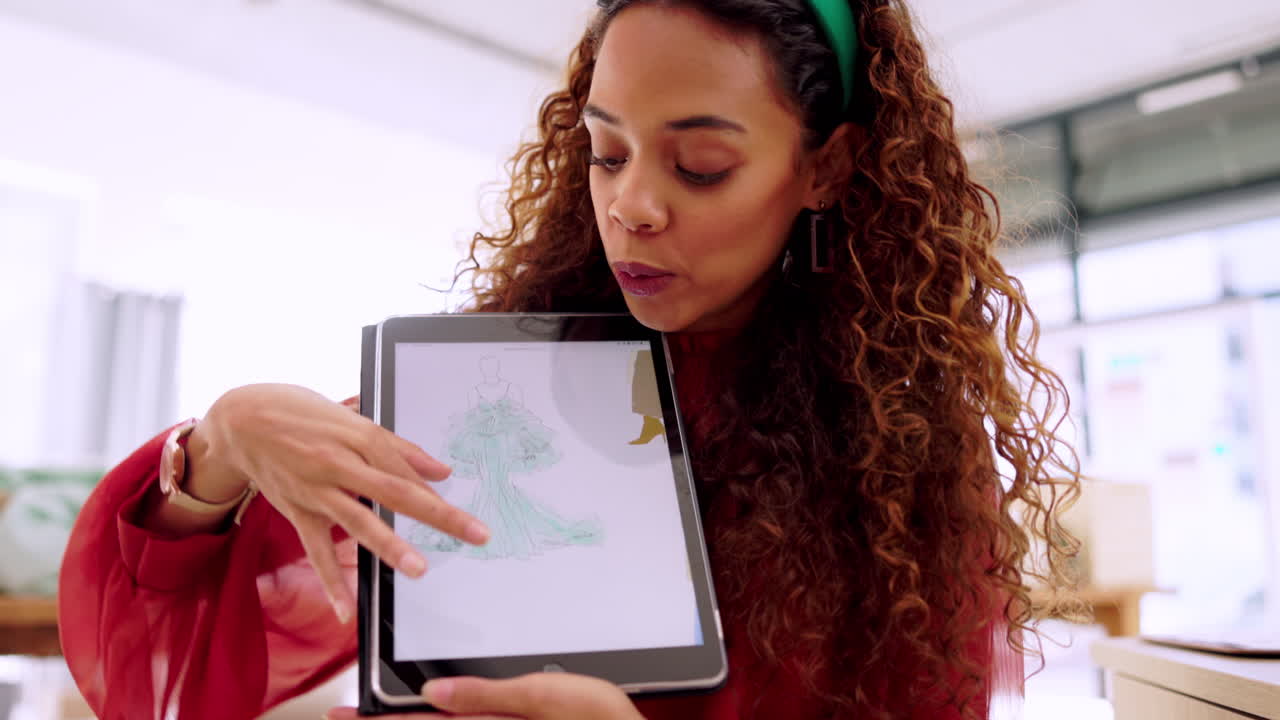 mujer, diseñador y tableta para presentación