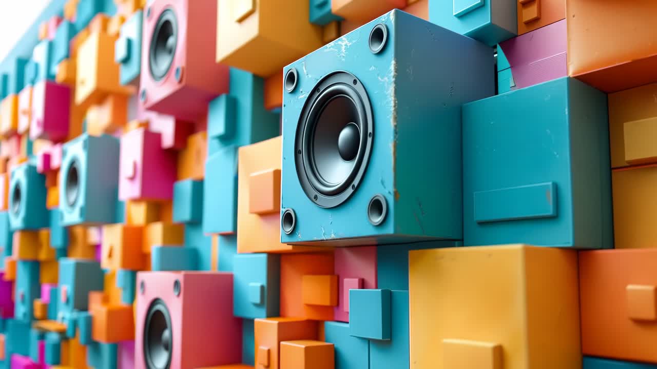 그 위에 스피커가 있는 다채로운 큐브의 화려한 벽