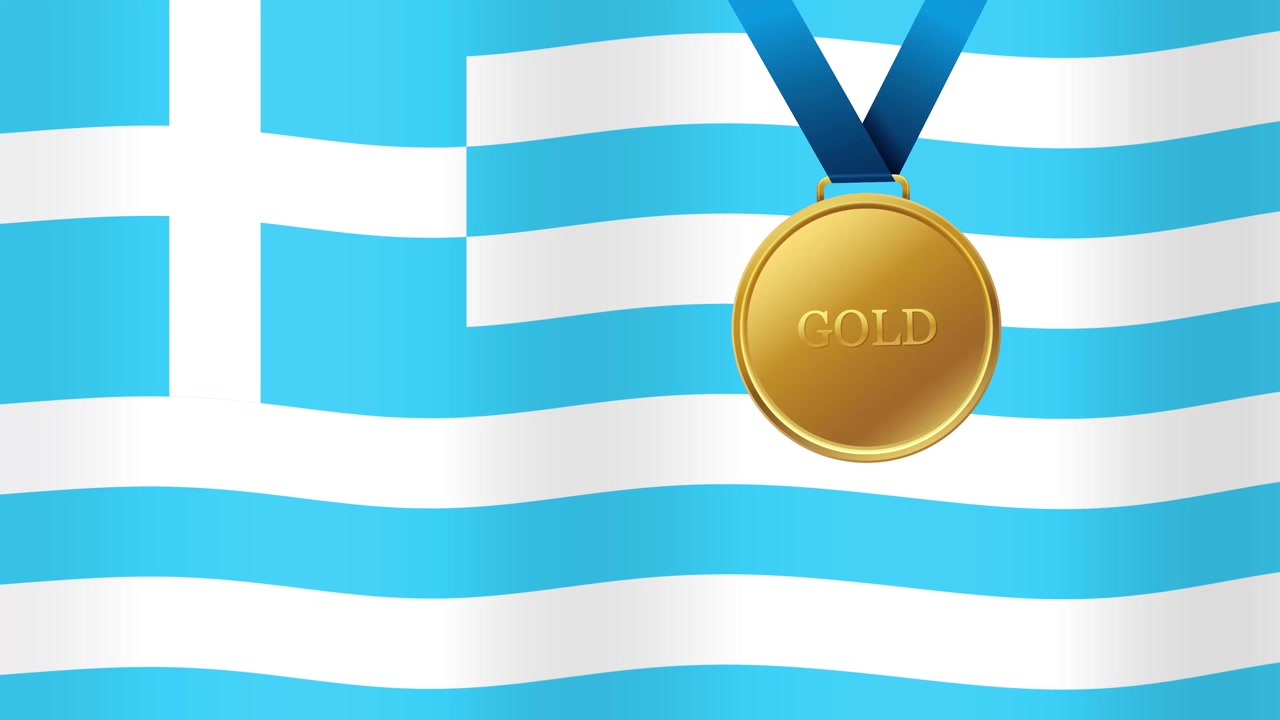 Una medalla de oro cuelga sobre una bandera griega ondeante en esta animación en bucle continuo