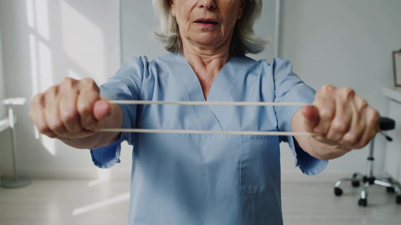 Fascia che parte dal petto, donna anziana in divisa medica che tira una fascia di resistenza in avanti per riabilitazione in clinica.